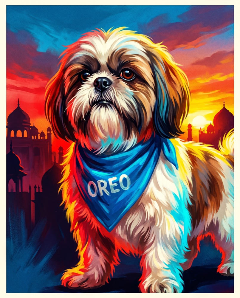 Vibrant pet portrait of a shih tzu named Oreo